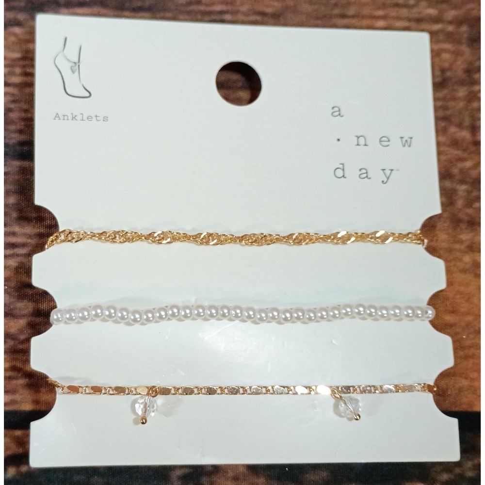 A New‎ Day 3pc Anklet Set Gold Tone Pearl Crystal Singapore Chain New 215036326